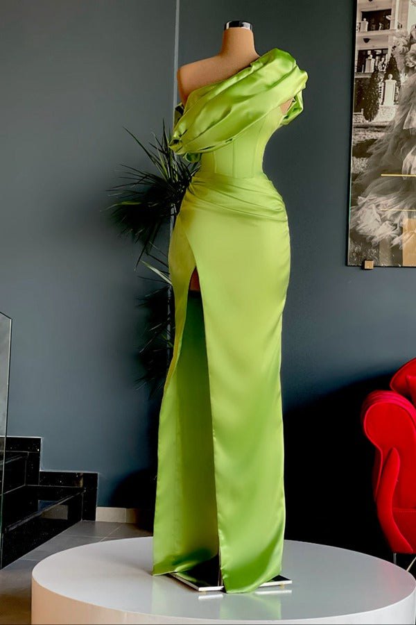 Trendy One Shoulder Green Prom Gown With Split SREAL155