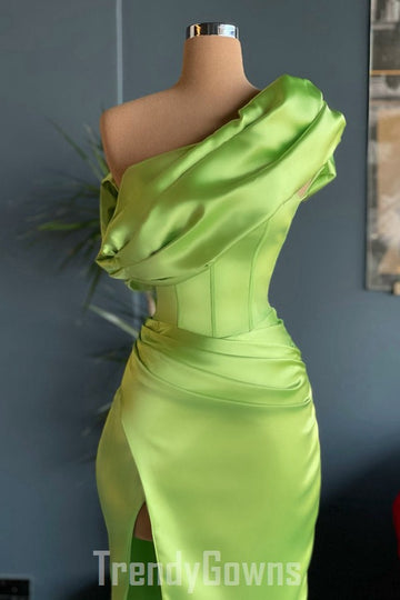 Trendy One Shoulder Green Prom Gown With Split SREAL155