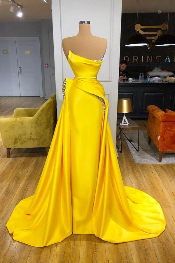 Trendy Yellow Metallic Sequin Overskirt Prom Gown SREAL162