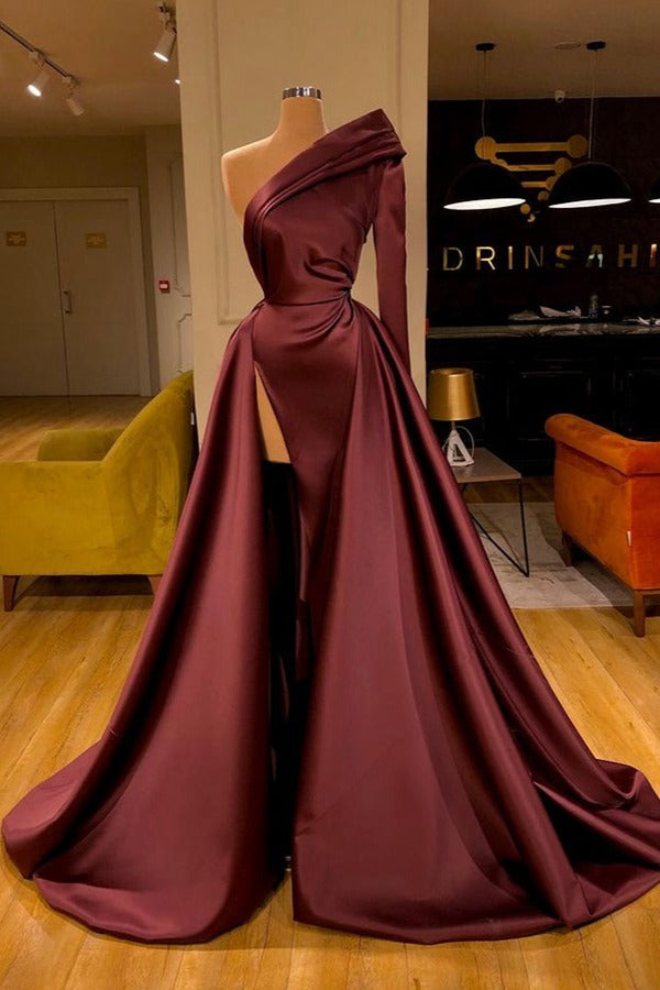 Trendy Dark Burgundy Long Sleeve High Split One Sleeve Prom Gown SREAL163