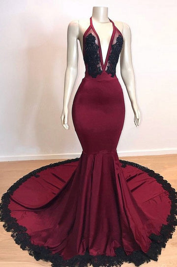 Trendy Black Burgundy V neck Halter Mermaid Prom Gown SREAL174