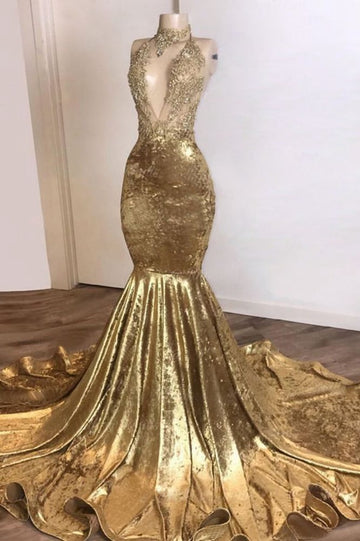 Trendy Shinning Gold Deep V neck Mermaid Prom Gown SREAL177