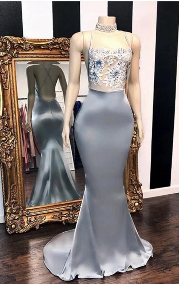 Trendy Mermaid Silver Prom Gowns SREAL178