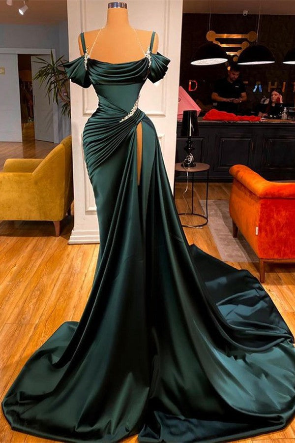 Trendy Dark Green Off-the-shoulder Mermaid Prom Gown SREAL181