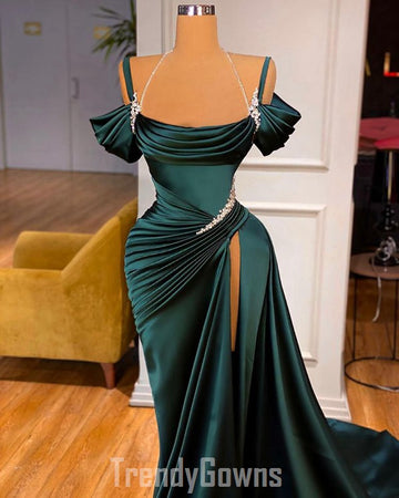 Trendy Dark Green Off-the-shoulder Mermaid Prom Gown SREAL181