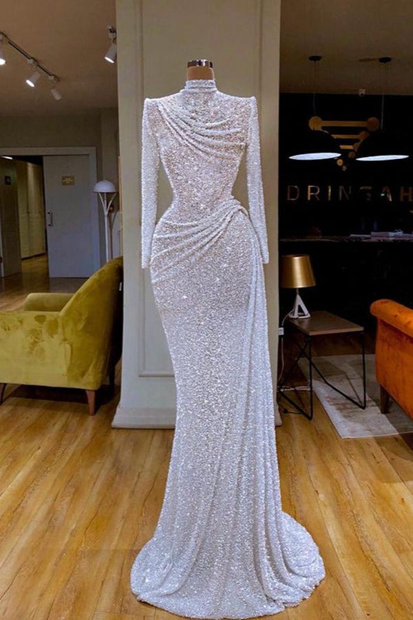 Trendy Sparkle White Sequin Long Sleeve Prom Gown SREAL185