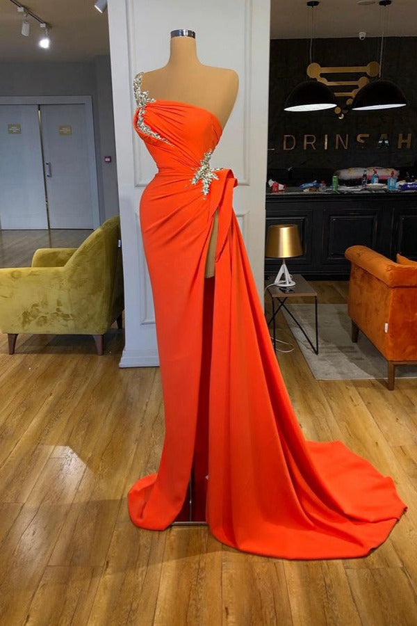 Trendy One shoulder Orange Red High Split Prom Gown SREAL196