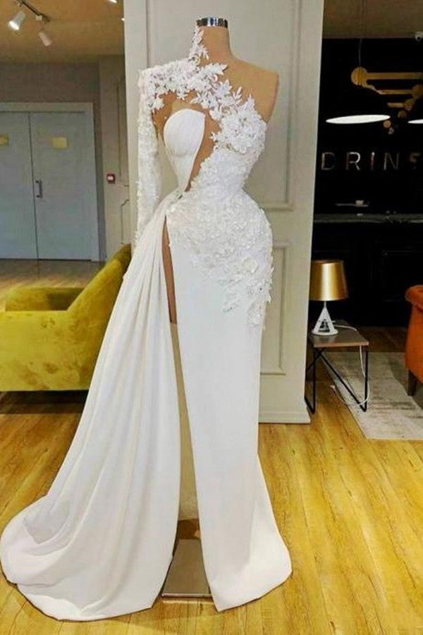 Trendy One Shoulder High Split Long Sleeve Prom Gown SREAL198