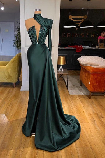 Trendy Dark Green High Neck One Shoulder Long Sleeve Mermaid Prom Gowns SREAL218