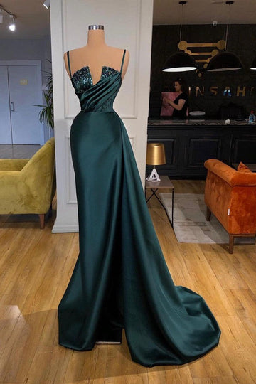 Trendy Dark Green Straps Crystal Mermaid Prom Gown SREAL219