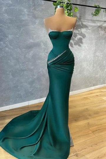 Trendy Dark Green Strapless Beading Satin Prom Gown SREAL222