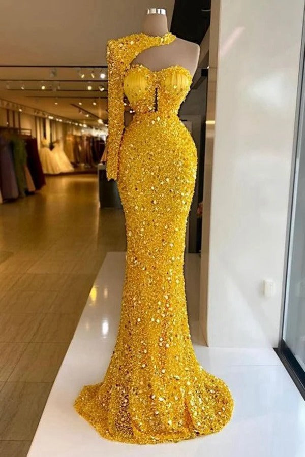 Trendy Yellow Sequin Mermaid Evening Gown SREAL224